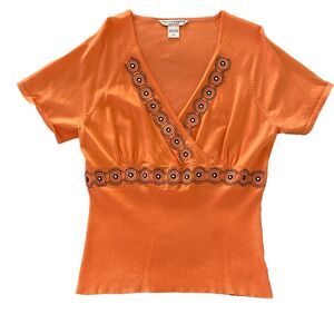 Nygard Knit L Top SILK Blend Crossover Embellished Jeweled Orange Women 3/4